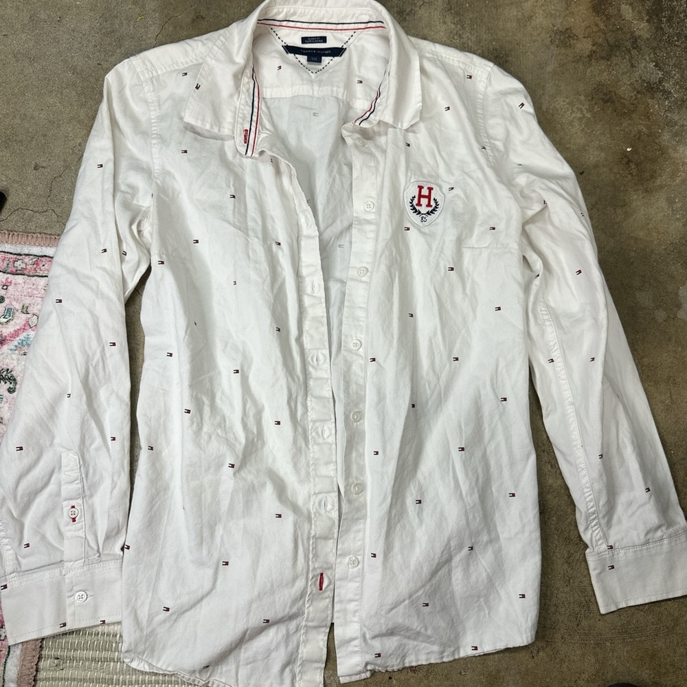 White Button-Up Shirt with Embroidered Logo